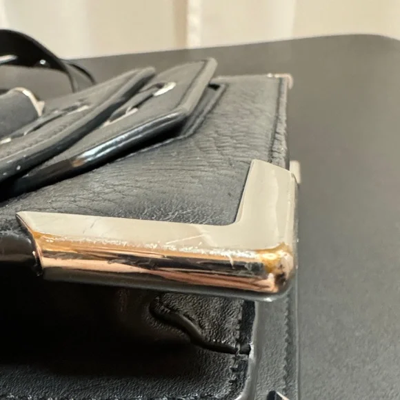 Mackage Black Pebbled Leather Crossbody Bag Arrow Detail & Hardwear Motorcycle - Picture 5 of 12